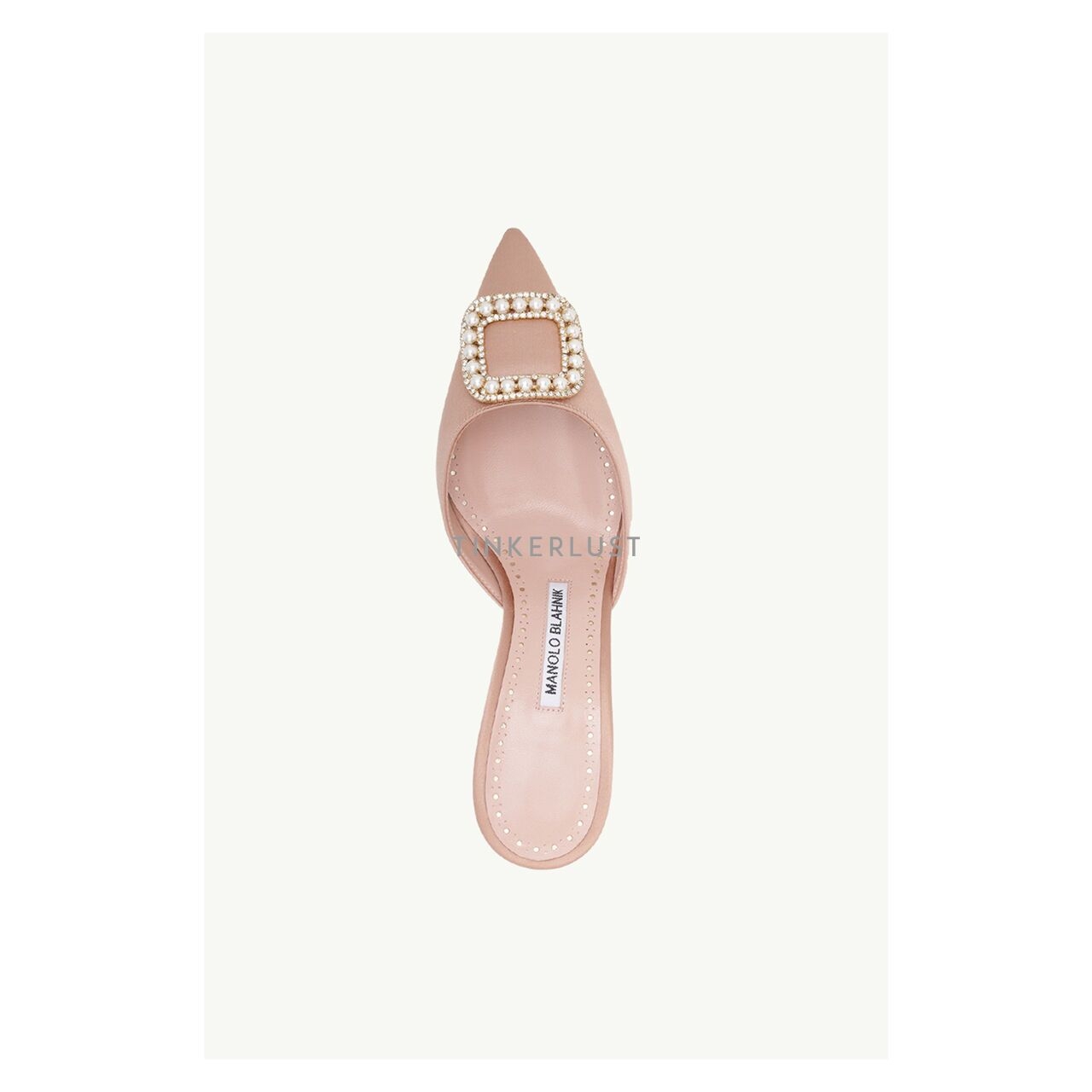 Manolo Blahnik Fabeta Champagne Satin with Crystal & Pearls Heels