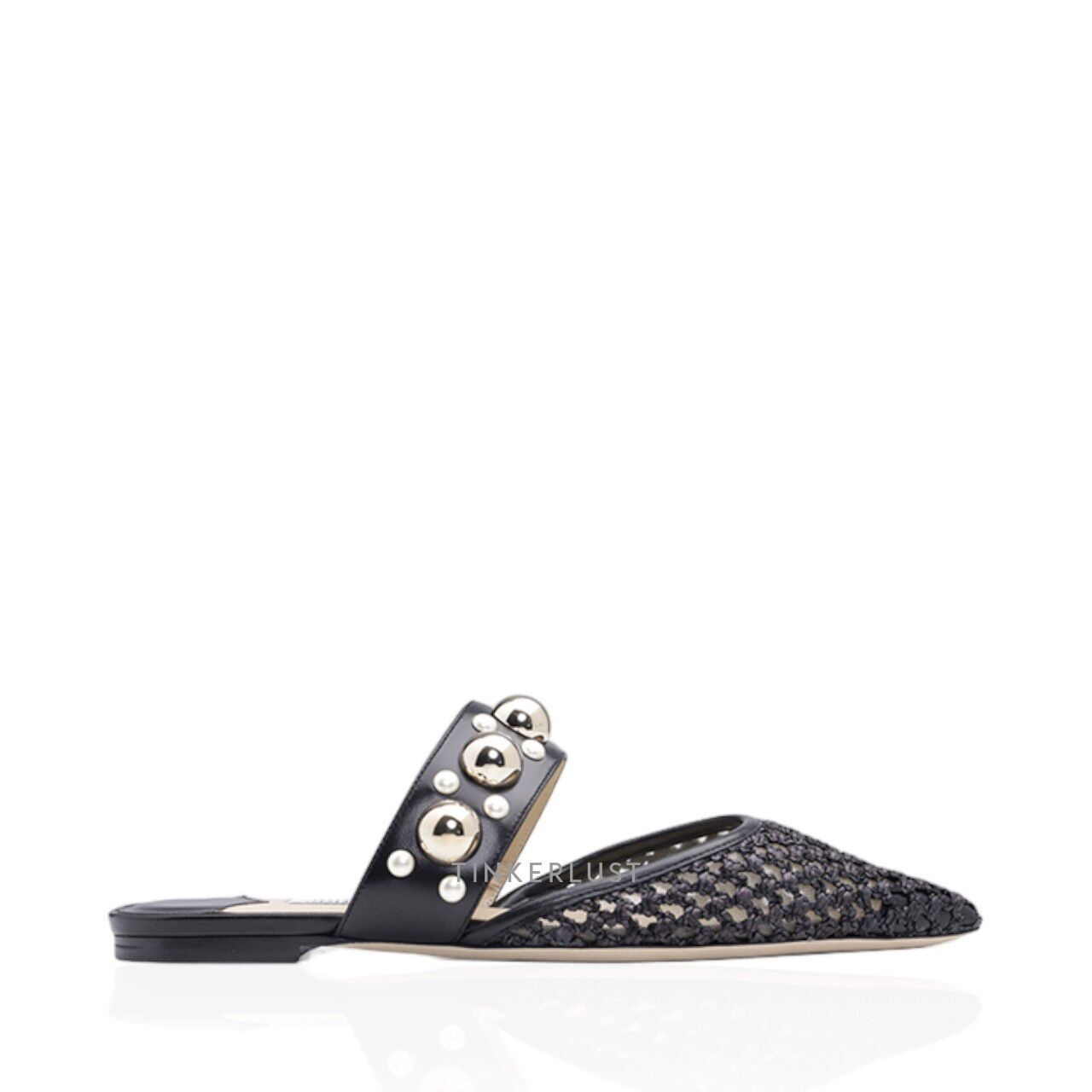 Jimmy Choo Basette in Black Woven Raffia Net with Pearls x Studs Flat Mules