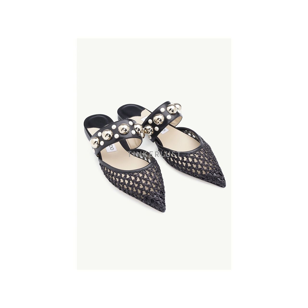 Jimmy Choo Basette in Black Woven Raffia Net with Pearls x Studs Flat Mules