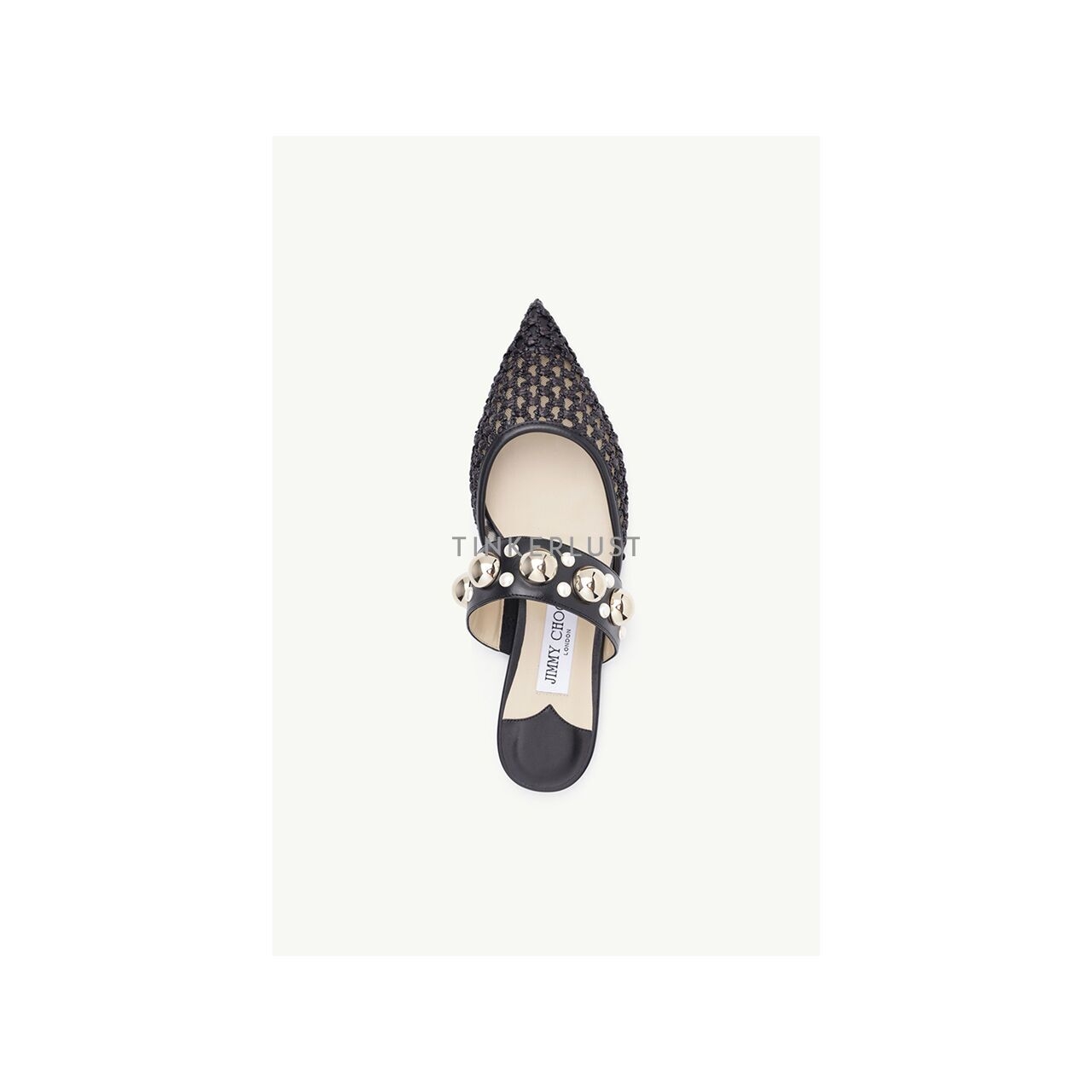 Jimmy Choo Basette in Black Woven Raffia Net with Pearls x Studs Flat Mules