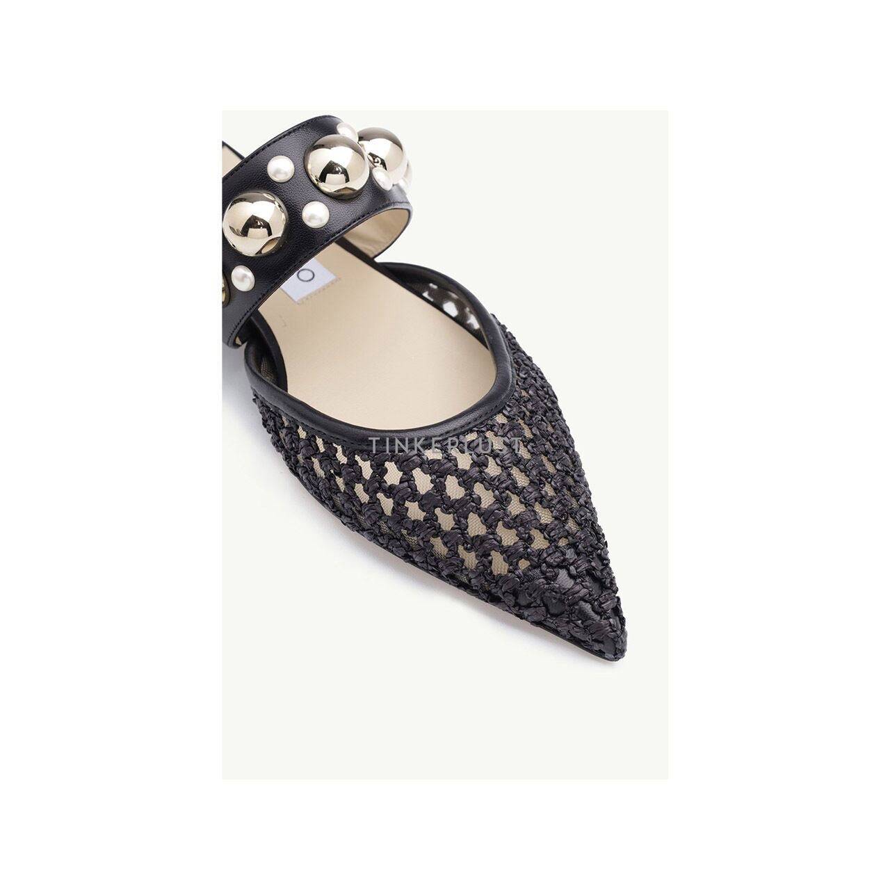 Jimmy Choo Basette in Black Woven Raffia Net with Pearls x Studs Flat Mules