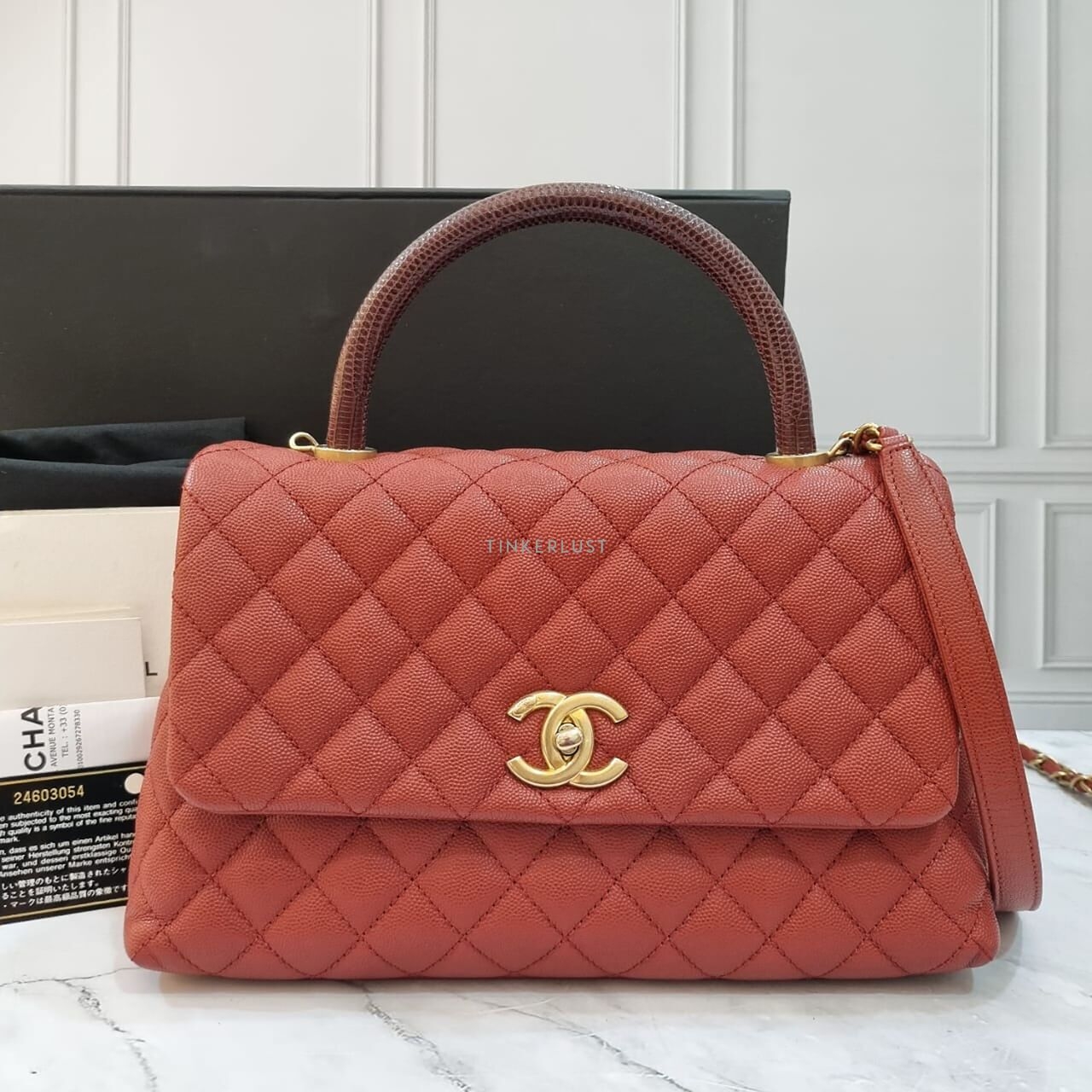 Chanel Coco Handle Medium Red Bordeux Caviar Lizard Handle Satchel