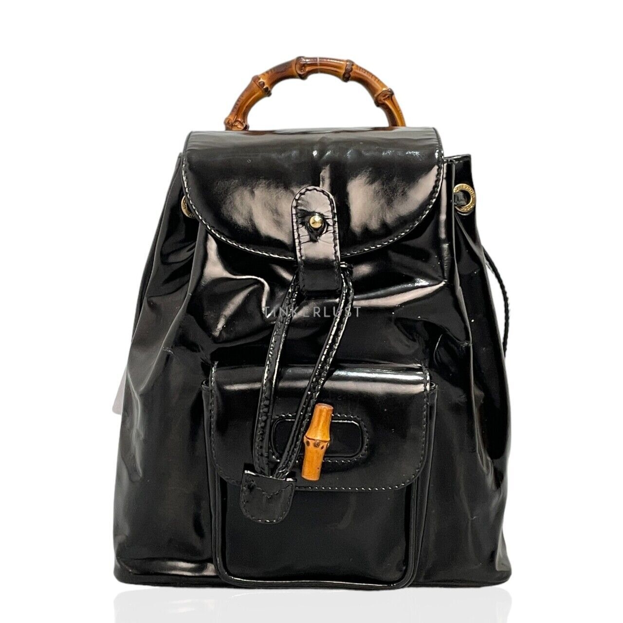 Gucci Bamboo Drawstring Patent Leather Black Backpack