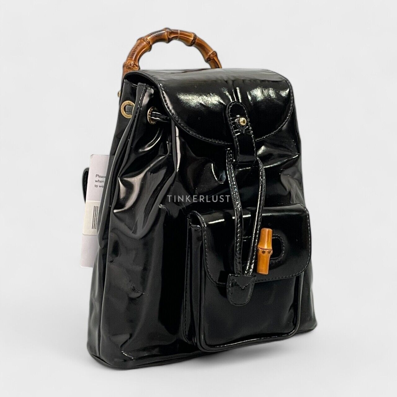 Gucci Bamboo Drawstring Patent Leather Black Backpack