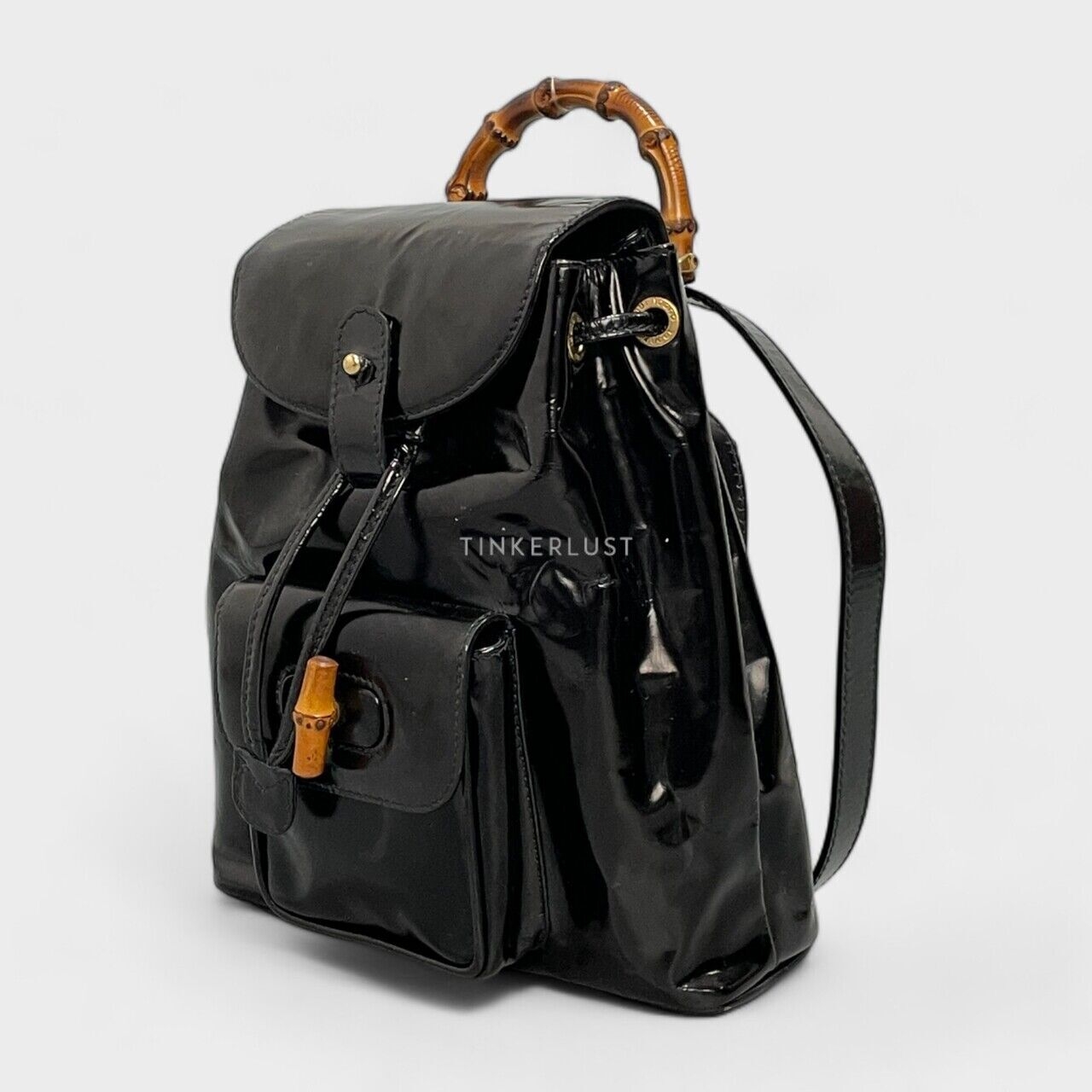 Gucci Bamboo Drawstring Patent Leather Black Backpack