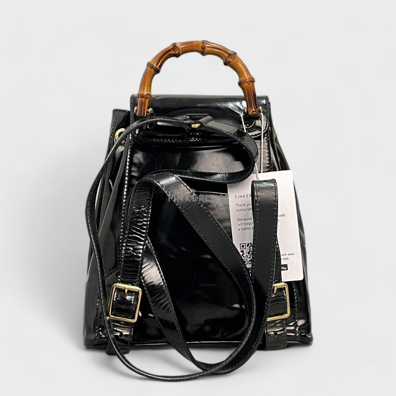 Gucci Bamboo Drawstring Patent Leather Black Backpack