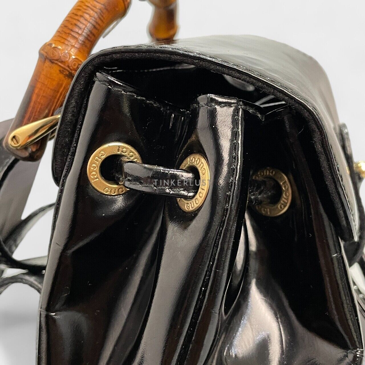 Gucci Bamboo Drawstring Patent Leather Black Backpack