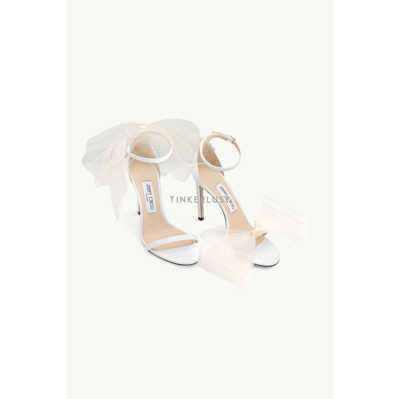 Jimmy Choo Aveline Ankle Strap Sandals 100mm in Latte with Asymmetric Grosgrain Mesh Fascinator Bows Heels