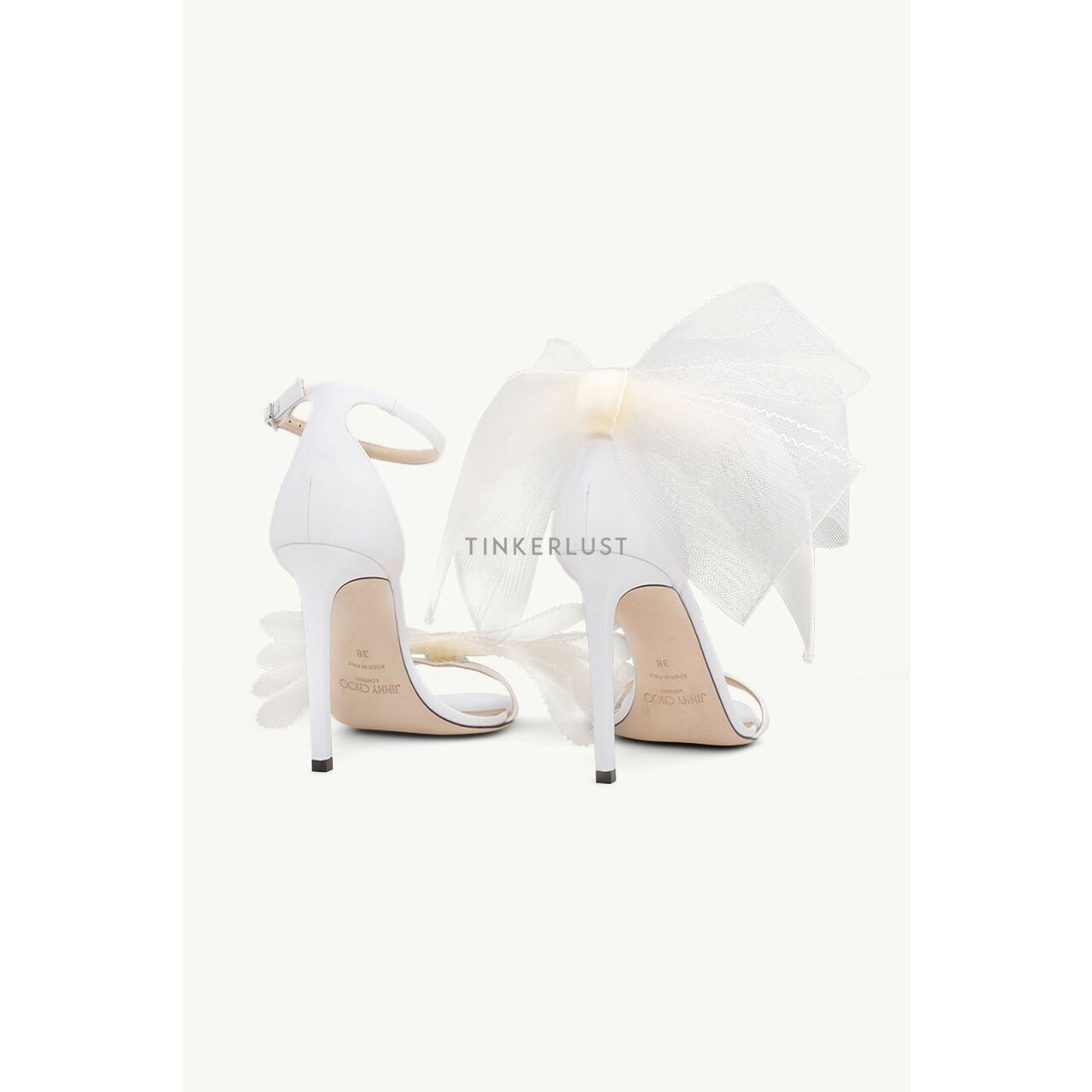 Jimmy Choo Aveline Ankle Strap Sandals 100mm in Latte with Asymmetric Grosgrain Mesh Fascinator Bows Heels