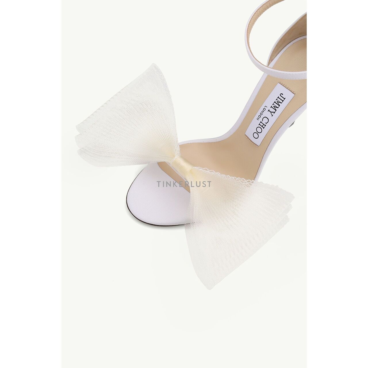 Jimmy Choo Aveline Ankle Strap Sandals 100mm in Latte with Asymmetric Grosgrain Mesh Fascinator Bows Heels