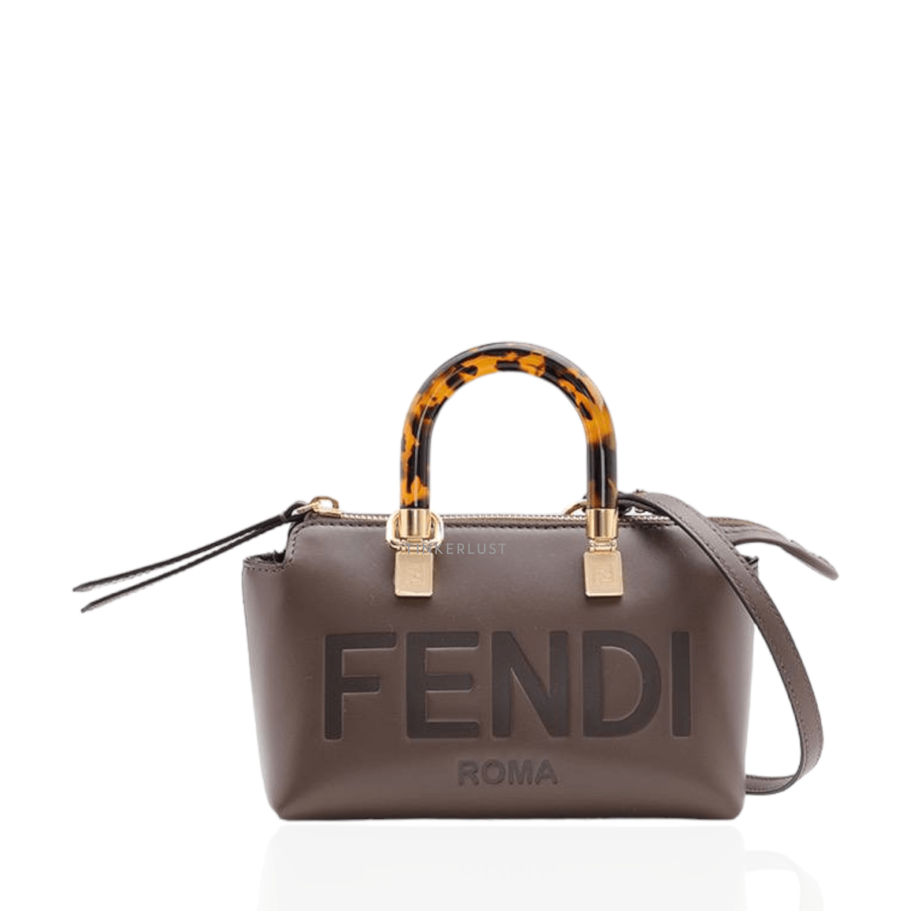 Fendi Mini By The Way FENDI ROMA Stamped Motif Boston in Brown Calf Leather with Plexi Glass Handle Satchel