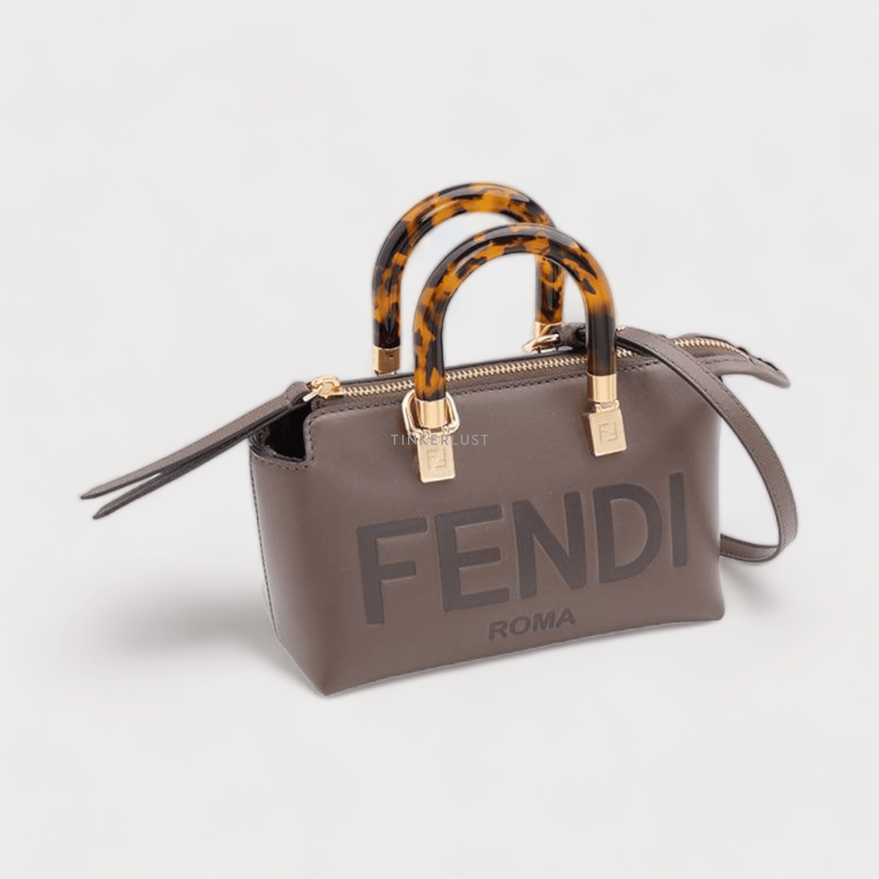 Fendi Mini By The Way FENDI ROMA Stamped Motif Boston in Brown Calf Leather with Plexi Glass Handle Satchel