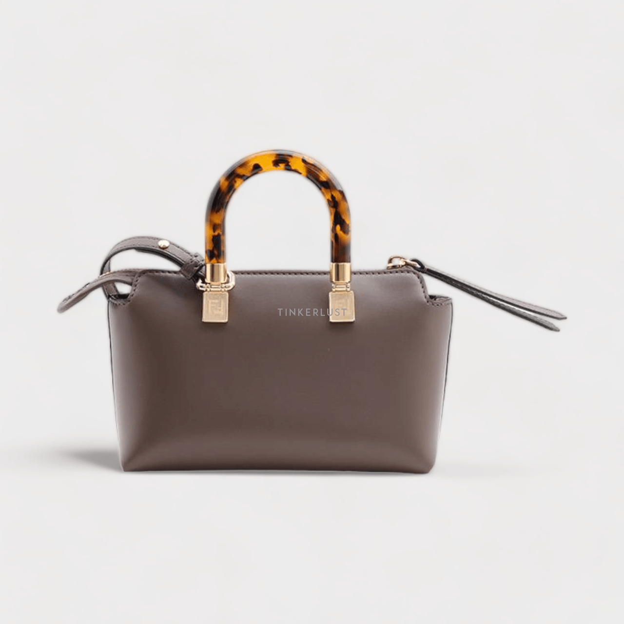 Fendi Mini By The Way FENDI ROMA Stamped Motif Boston in Brown Calf Leather with Plexi Glass Handle Satchel