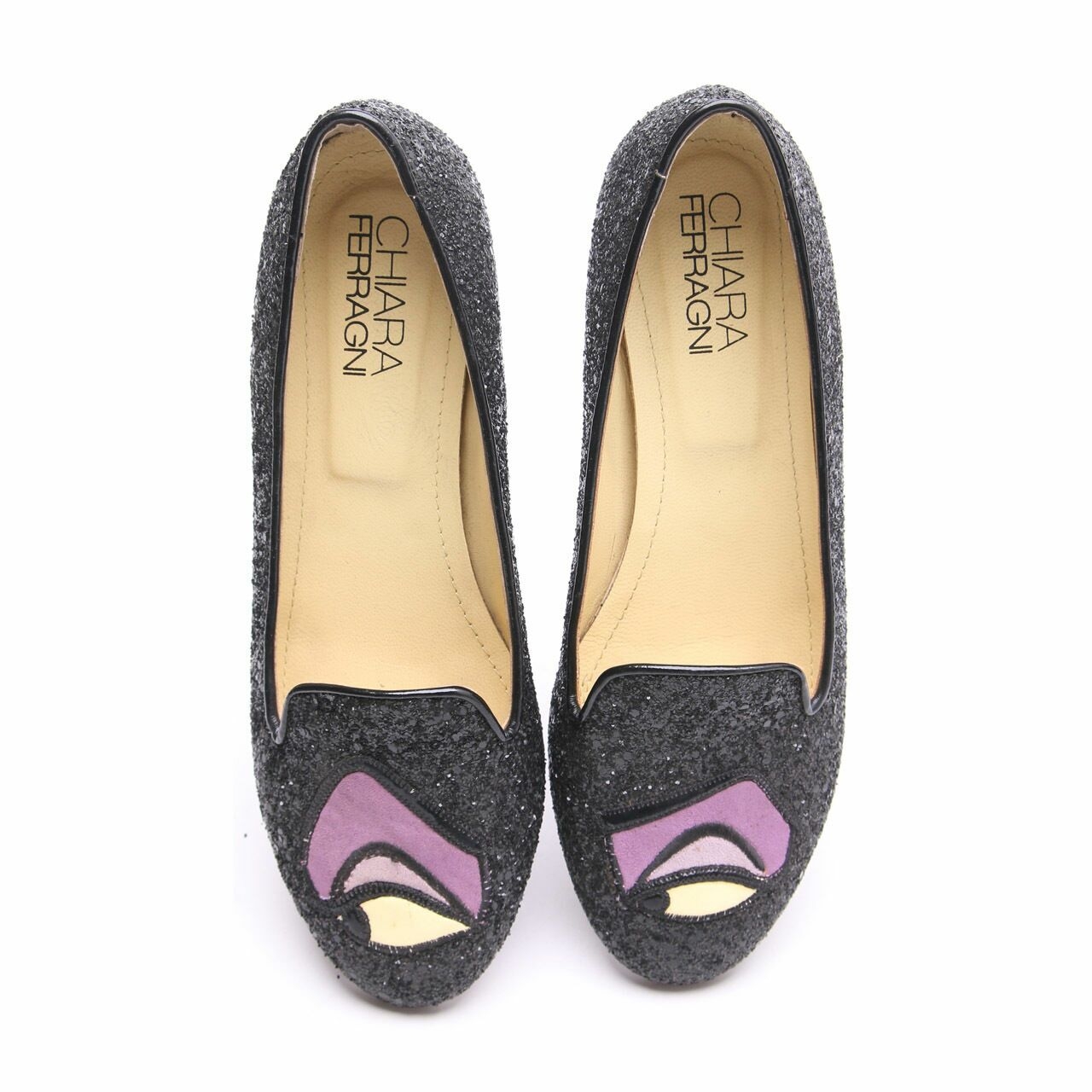 Chiara Ferragni Black Slipper Glittered Flats Shoes