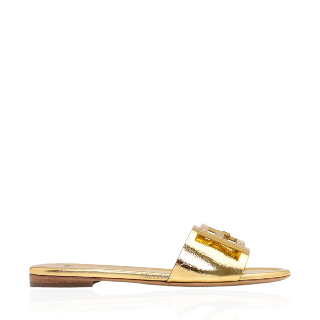 Fendi Women Siganture FF Baguette Slide Sandals in Gold Laminated Nappa Leather