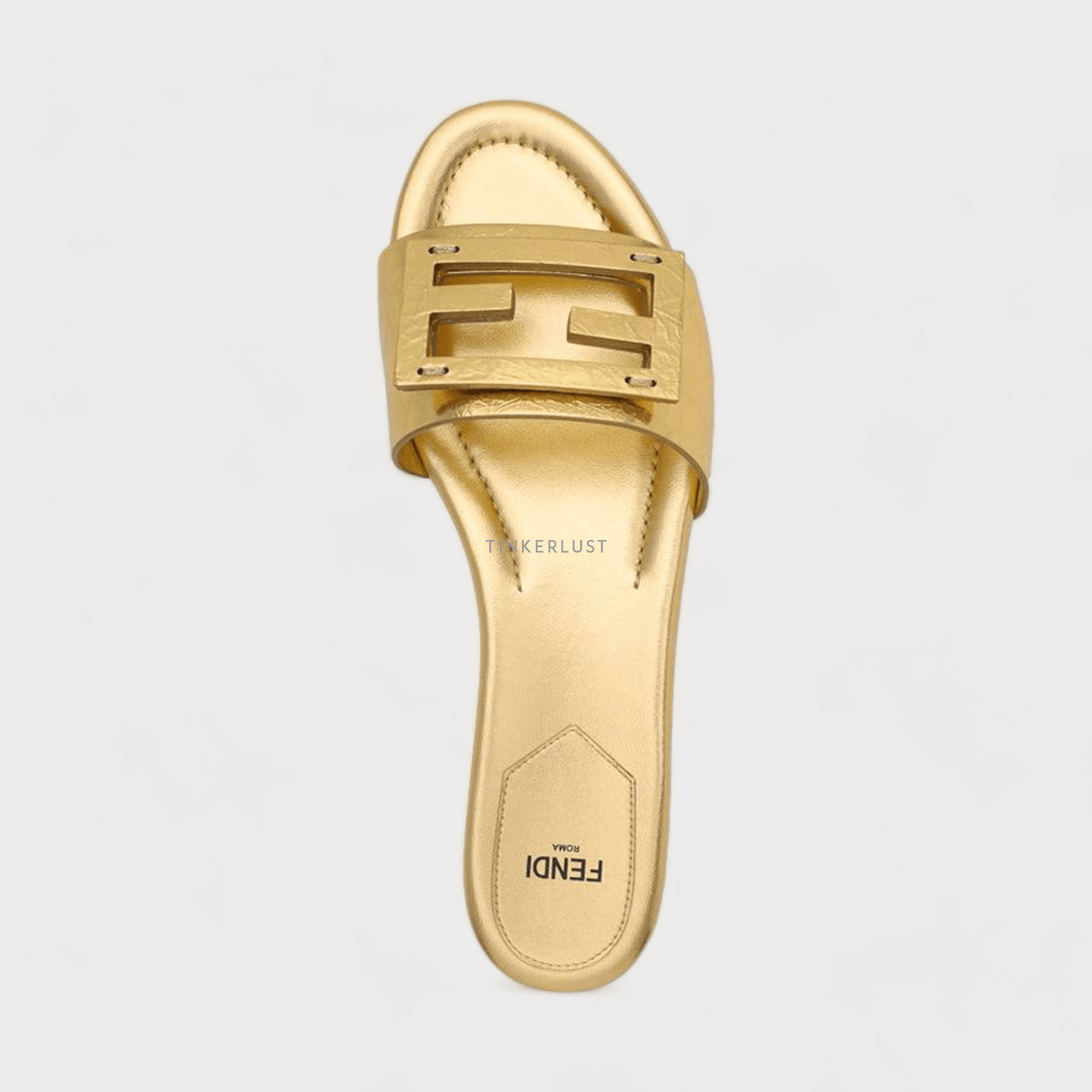 Fendi Women Siganture FF Baguette Slide Sandals in Gold Laminated Nappa Leather