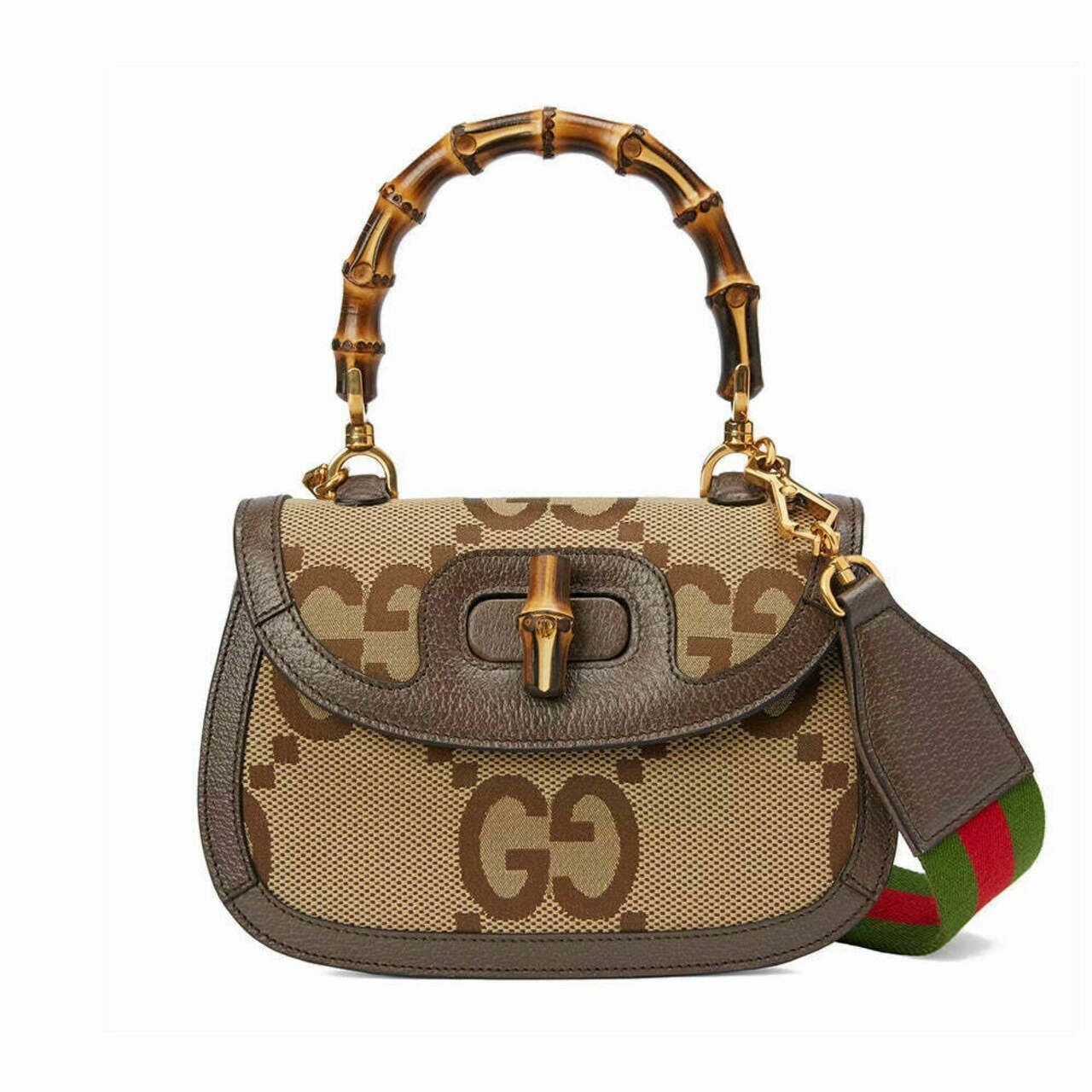 Gucci Bamboo 1947 Jumbo GG Top Handle Canvas Bag Camel and Ebony