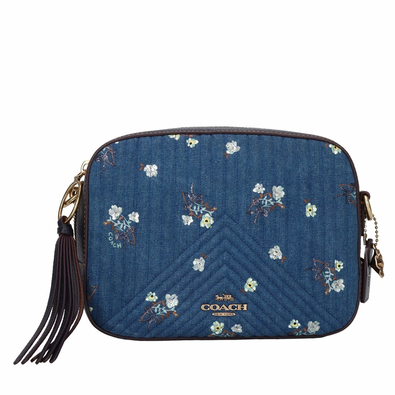 Coach Quilted Denim Floral Bow Print Camera Sling Bag