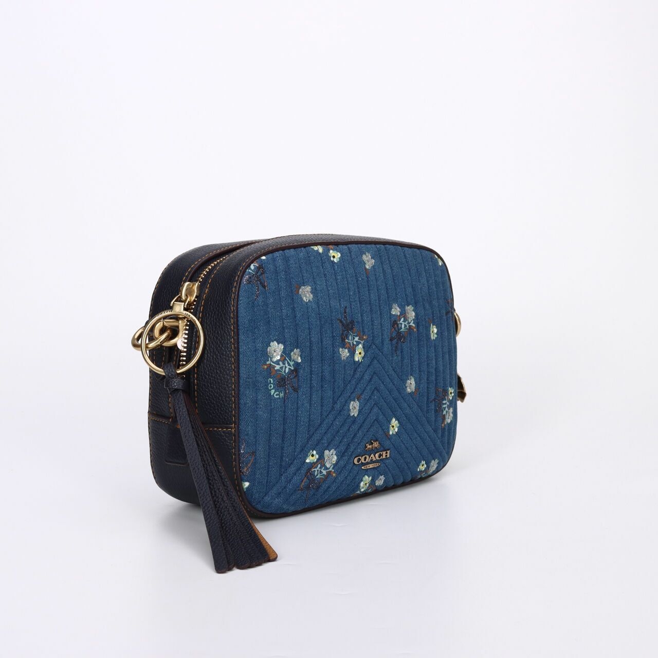 Coach Quilted Denim Floral Bow Print Camera Sling Bag