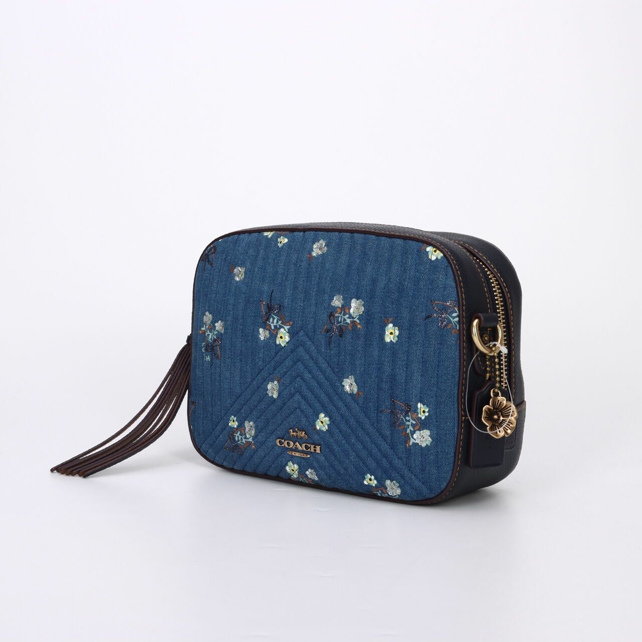 Coach Quilted Denim Floral Bow Print Camera Sling Bag