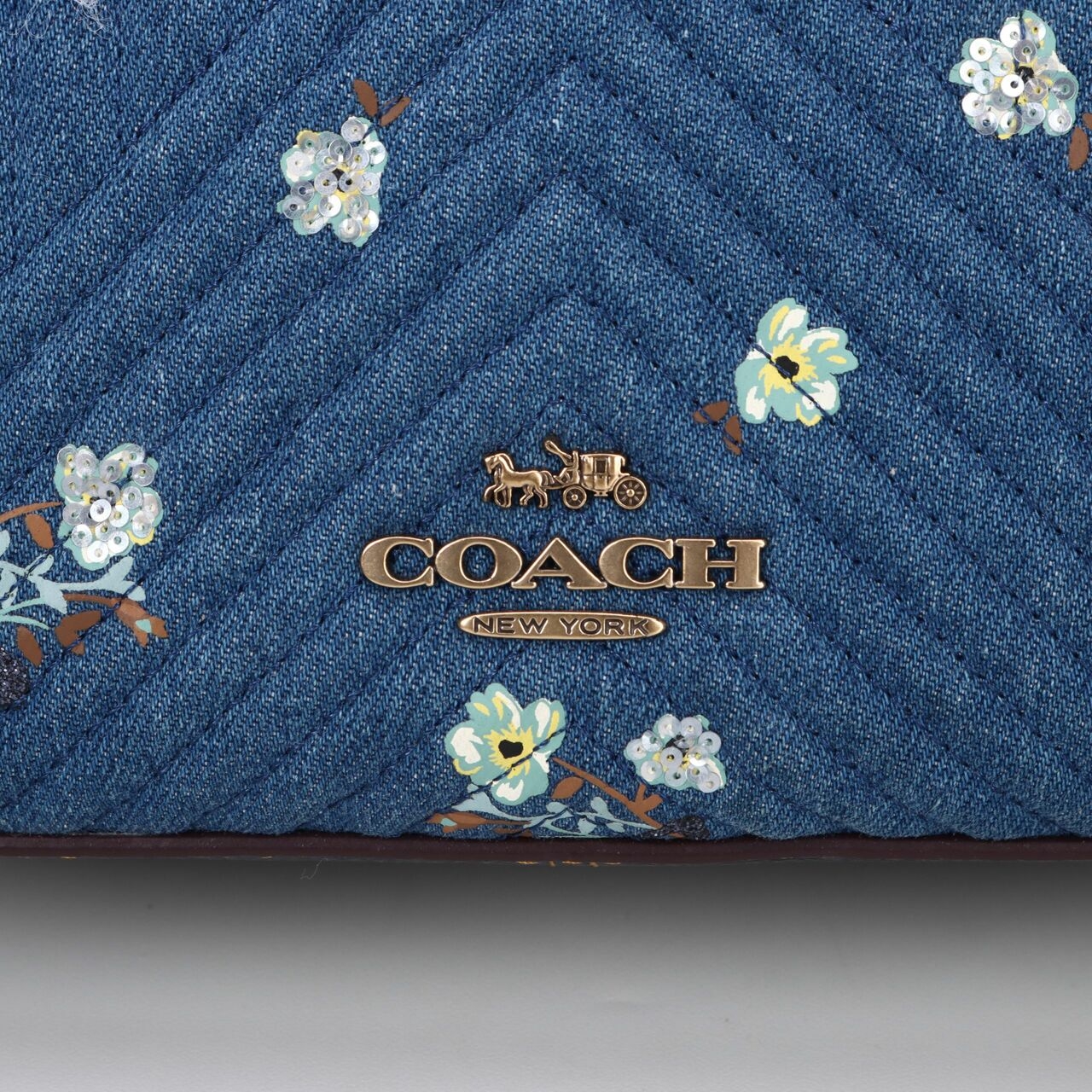 Coach Quilted Denim Floral Bow Print Camera Sling Bag