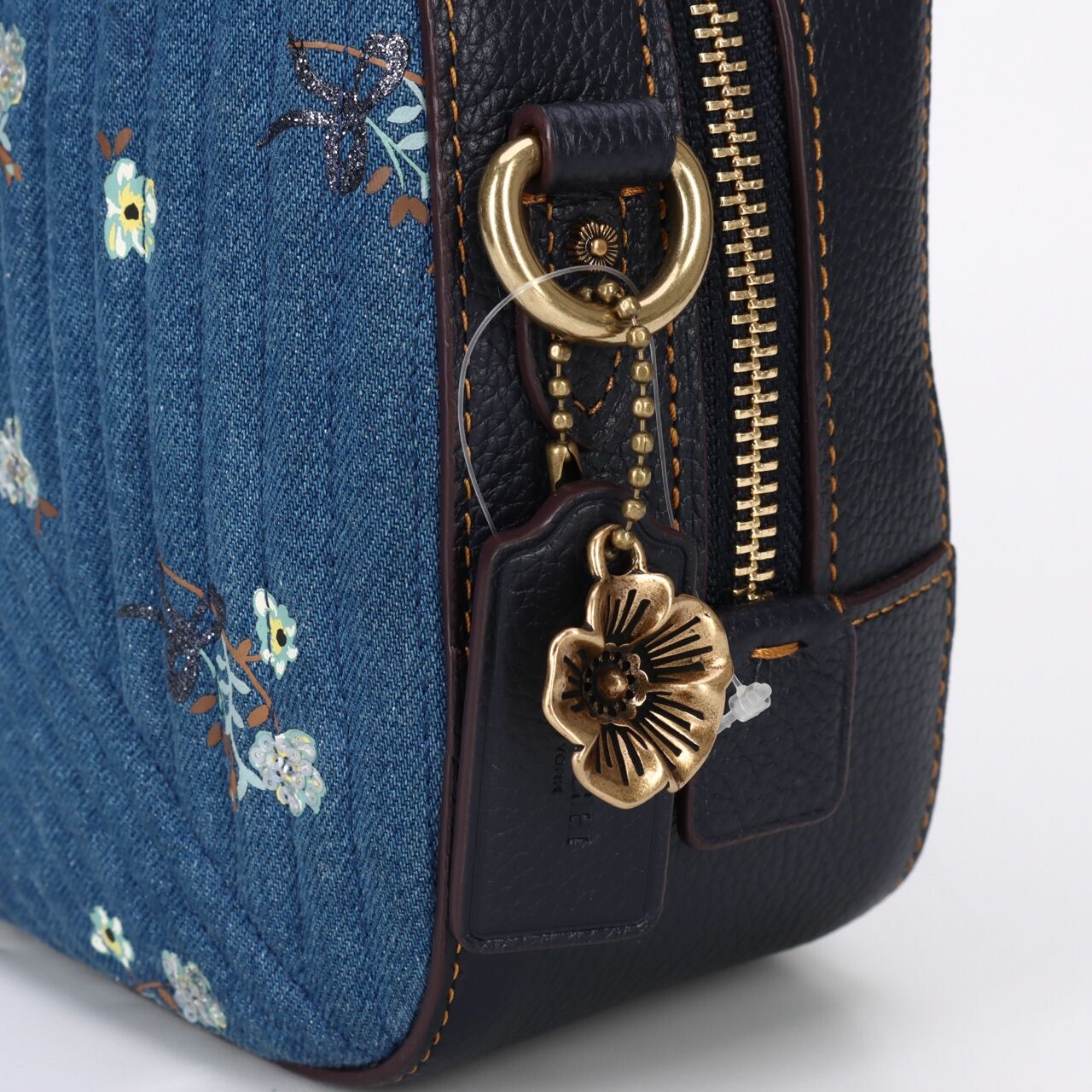 Coach Quilted Denim Floral Bow Print Camera Sling Bag