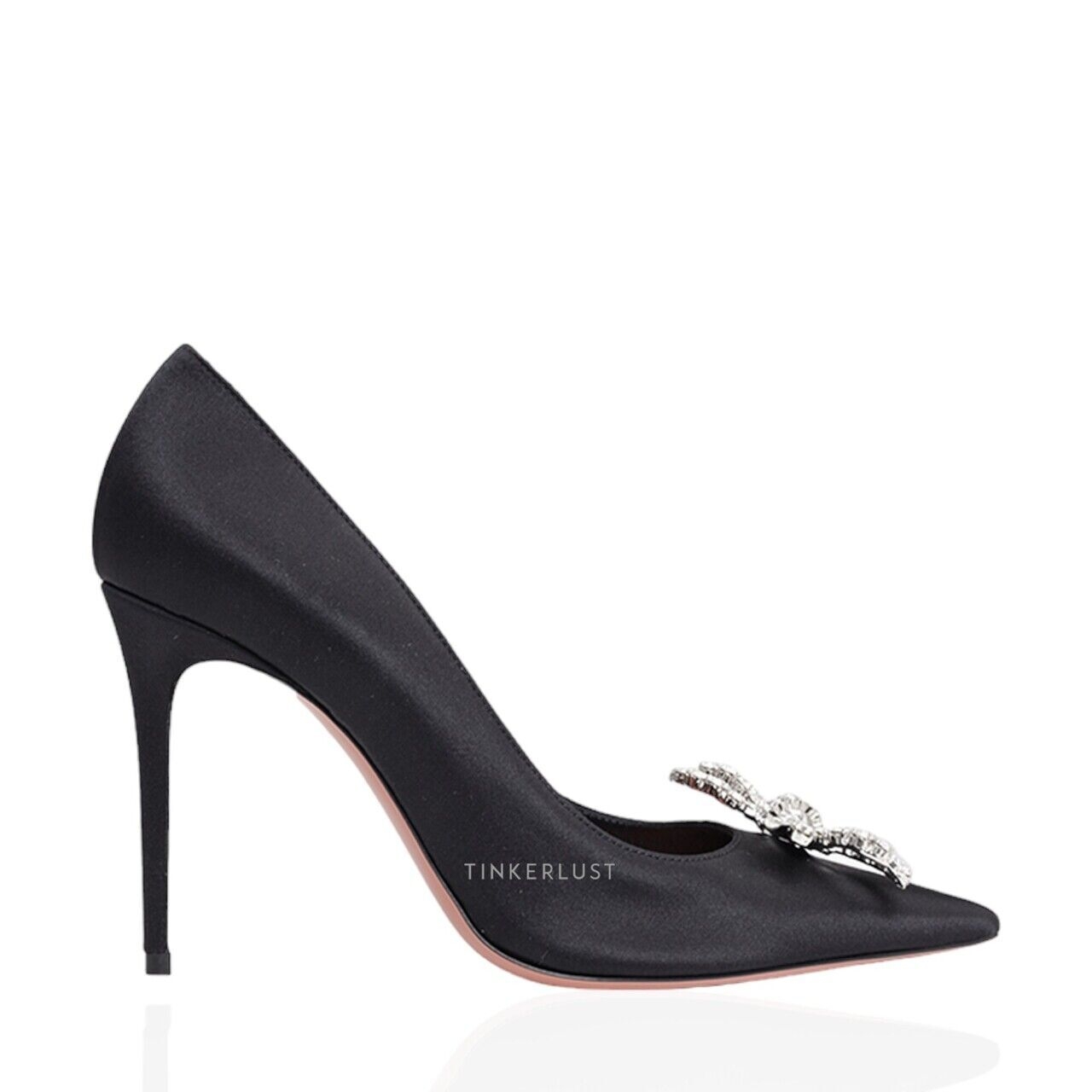 Amina Muaddi Women Rosie Pumps 95mm in Black Satin with Crystal Bow