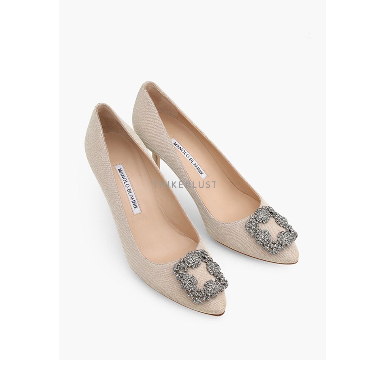 Manolo Blahnik Hangisi 7cm Pumps in Beige Glittered with Dark Crystal