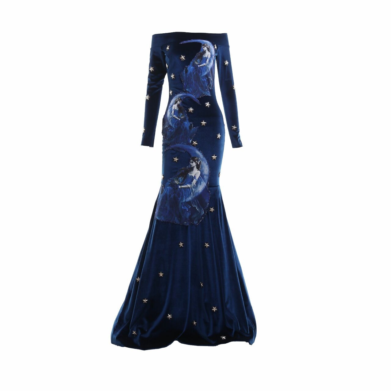 Private Collection Dark Blue Sequin Tulle Velvet Long Dress