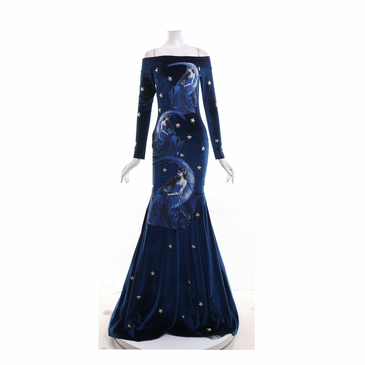 Private Collection Dark Blue Sequin Tulle Velvet Long Dress