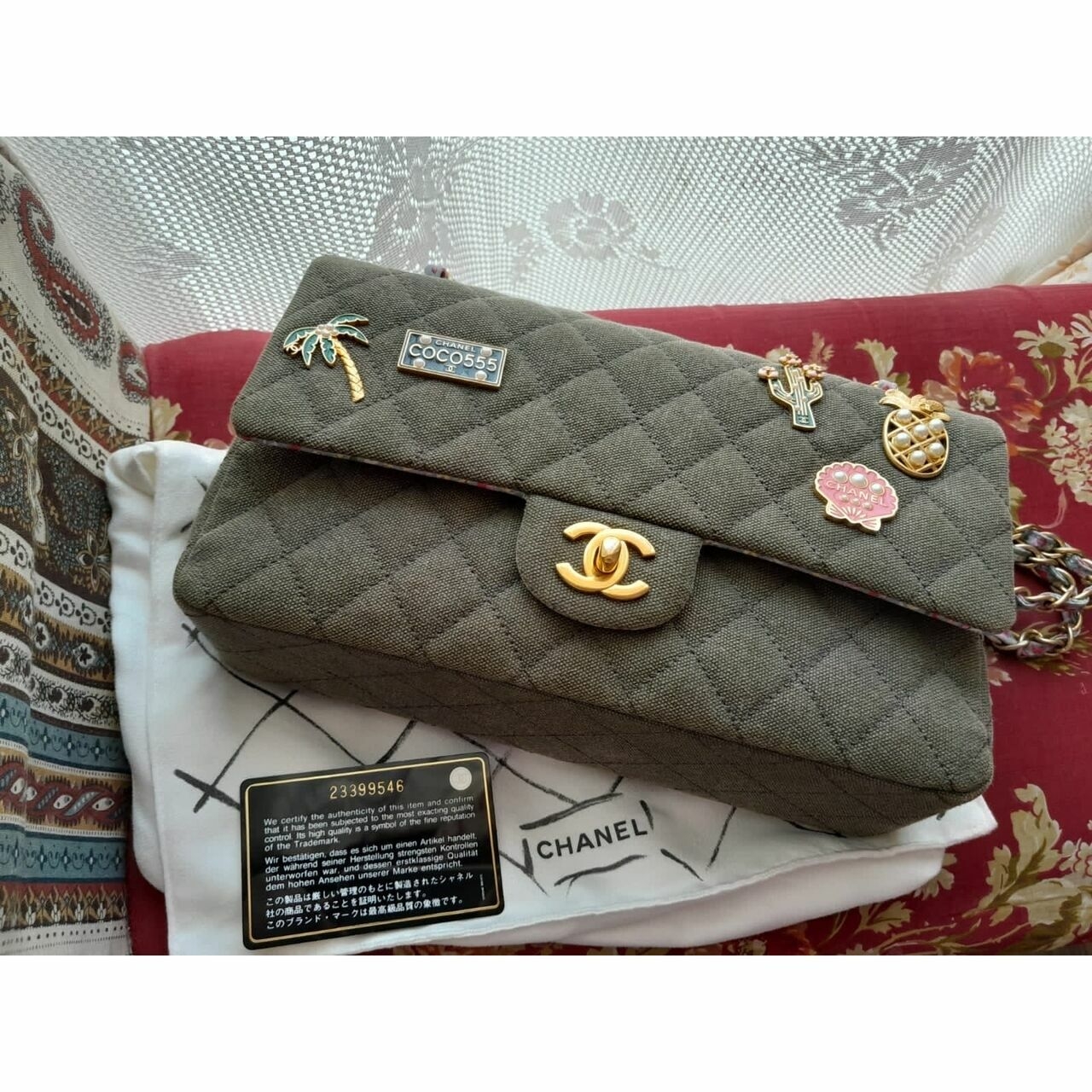  Chanel Toile Quilted Medium Cuba Double Flap Khaki