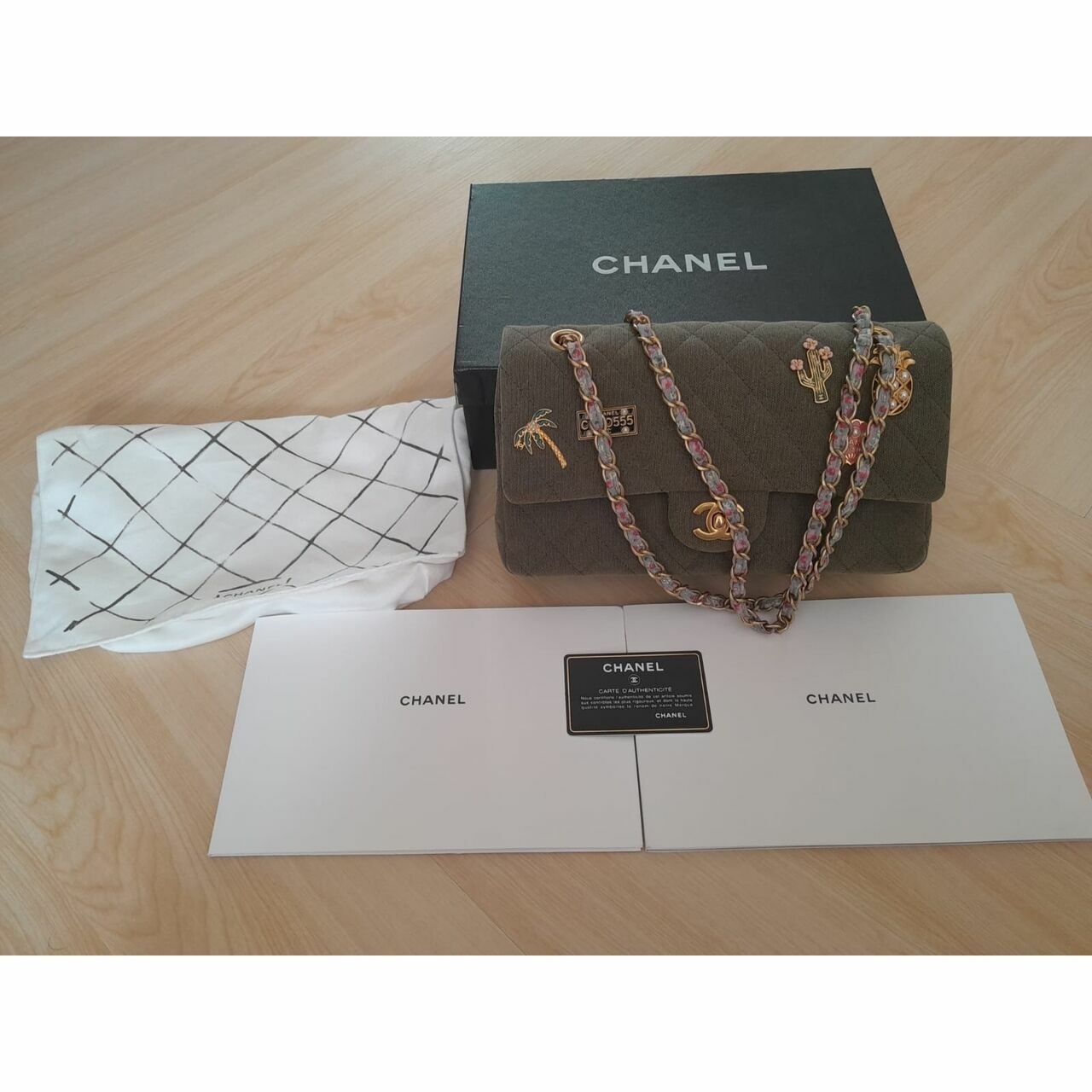  Chanel Toile Quilted Medium Cuba Double Flap Khaki