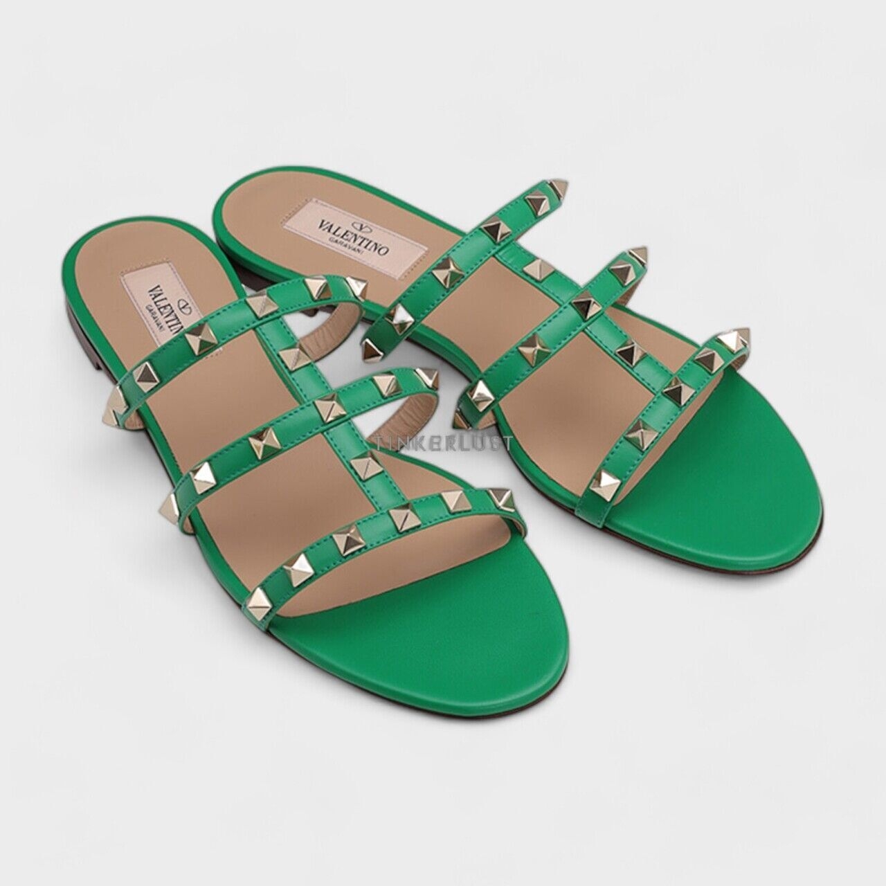 Valentino Rockstud Strappy Slides in Green Sandals