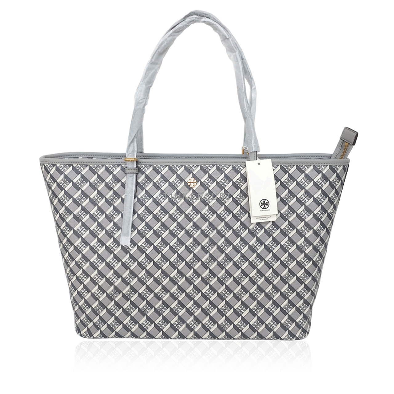 Tory Burch Geo Logo Top Zip Tote Grey Geo Allover