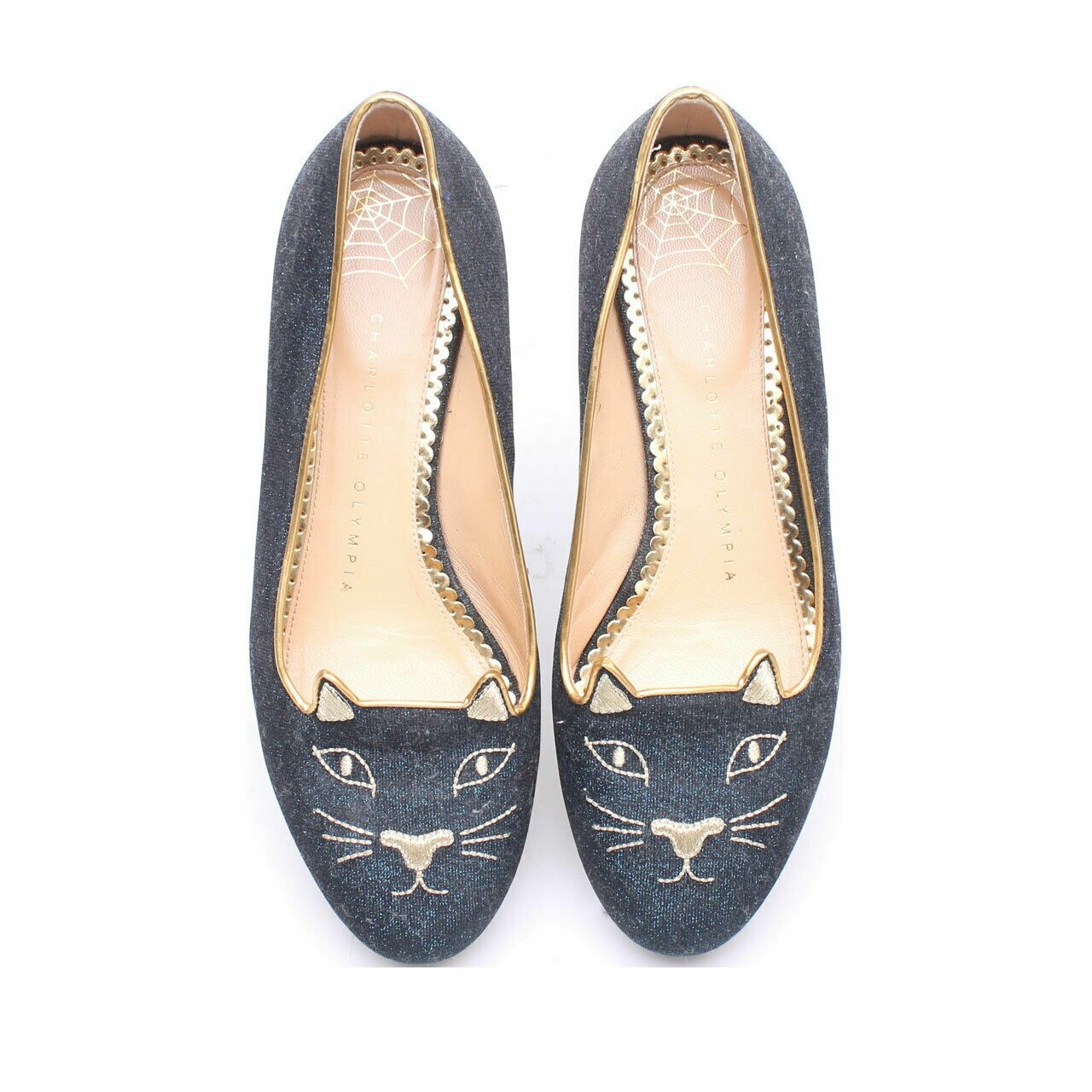 Charlotte Olympia Black / Gold Kitty Flats Shoes