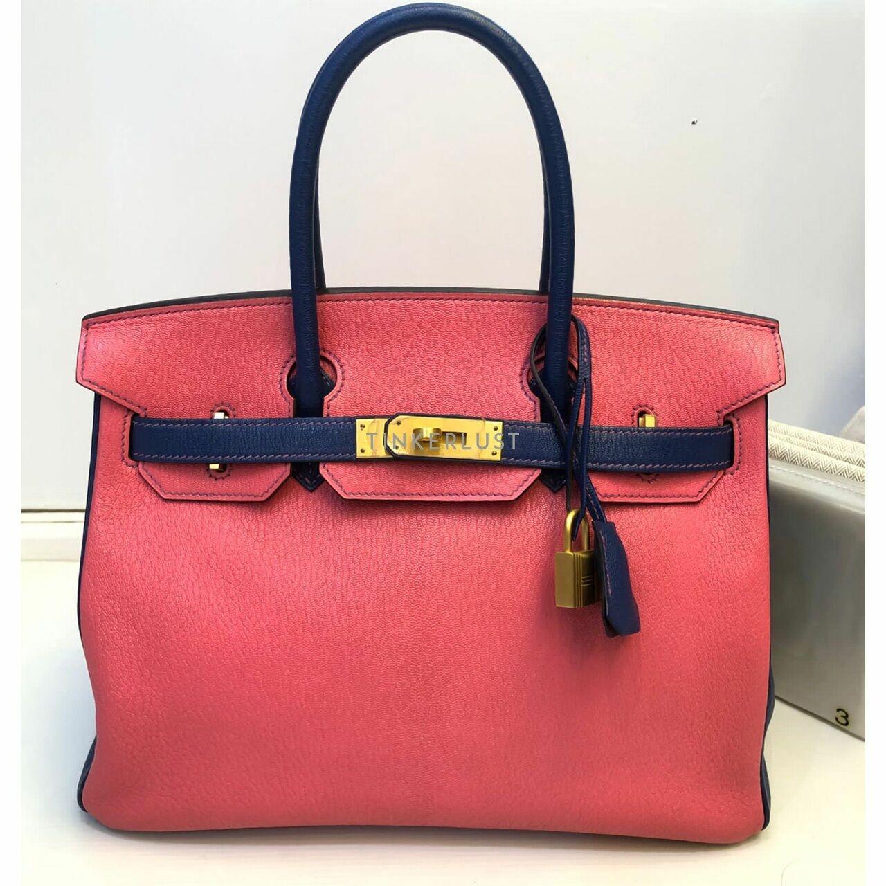 Hermes Birkin 30 HSS Chevre Rose Azalea /Blue Electric GHW Handbag #T