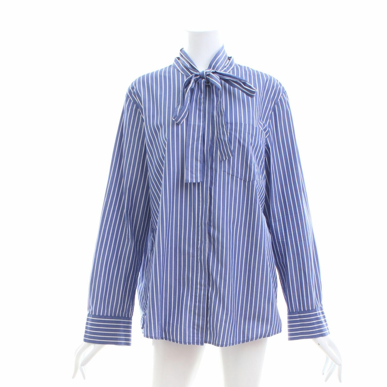 Violeta by Mango Blue & White Stripes With Tie Neck Blouse