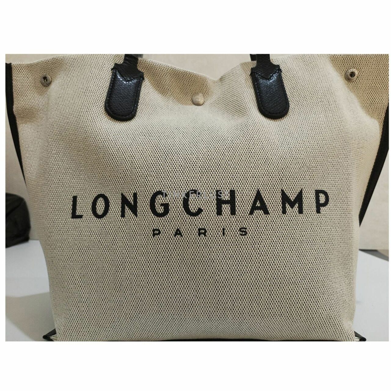 Longchamp Roseau Large Shopping Tote Bag in Ecru Cream & Black 