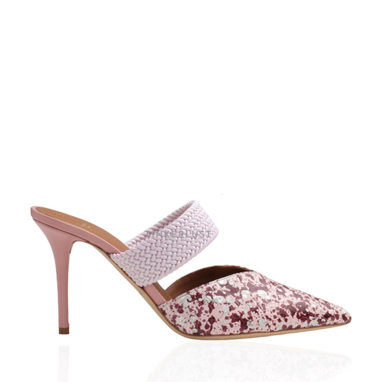 MALONE SOULIERS Maisie Heeled Mules 85mm in Rose/Pink Multicolor Embossed Leather with Tonal Trim