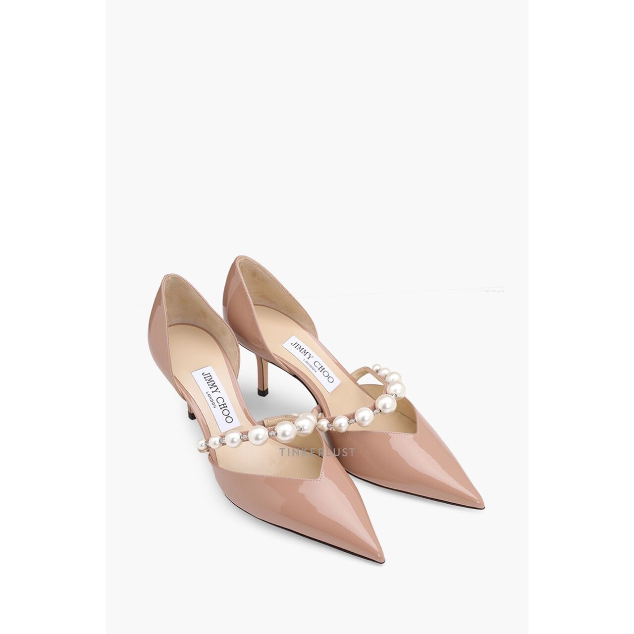 Jimmy Choo Aurelie Pointed Pumps 65mm in Ballet Pink/White Patent with Pearl Embellished Heels