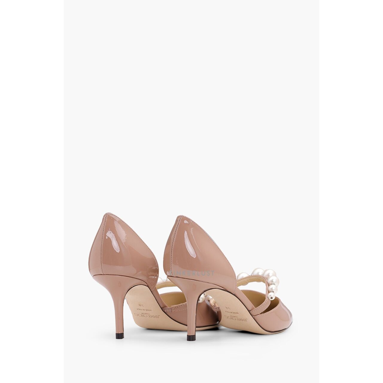 Jimmy Choo Aurelie Pointed Pumps 65mm in Ballet Pink/White Patent with Pearl Embellished Heels