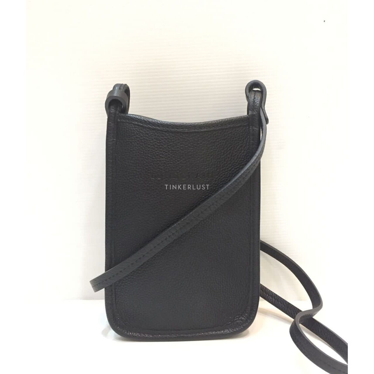 Longchamp Phone Holder Grained Leather All Black Sling Bag