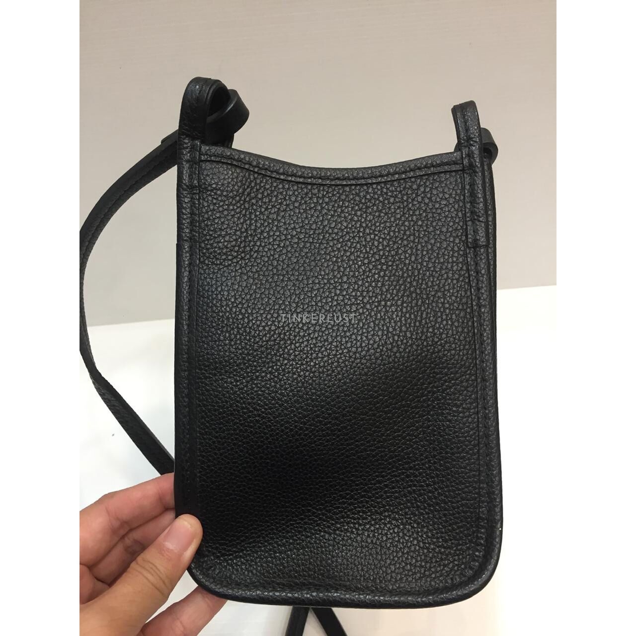 Longchamp Phone Holder Grained Leather All Black Sling Bag