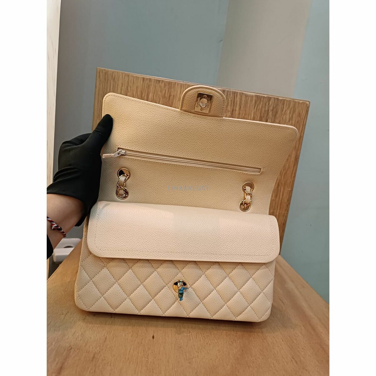 Chanel Classic Medum Beige Caviar Chip GHW Shoulder Bag