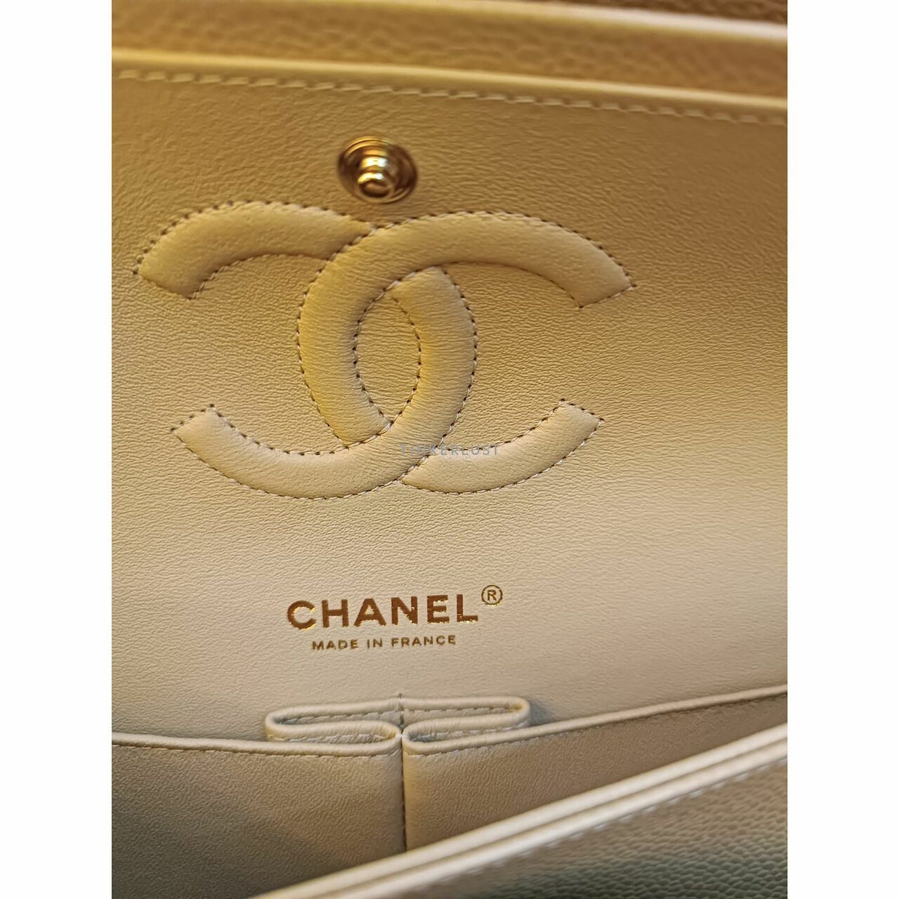 Chanel Classic Medum Beige Caviar Chip GHW Shoulder Bag