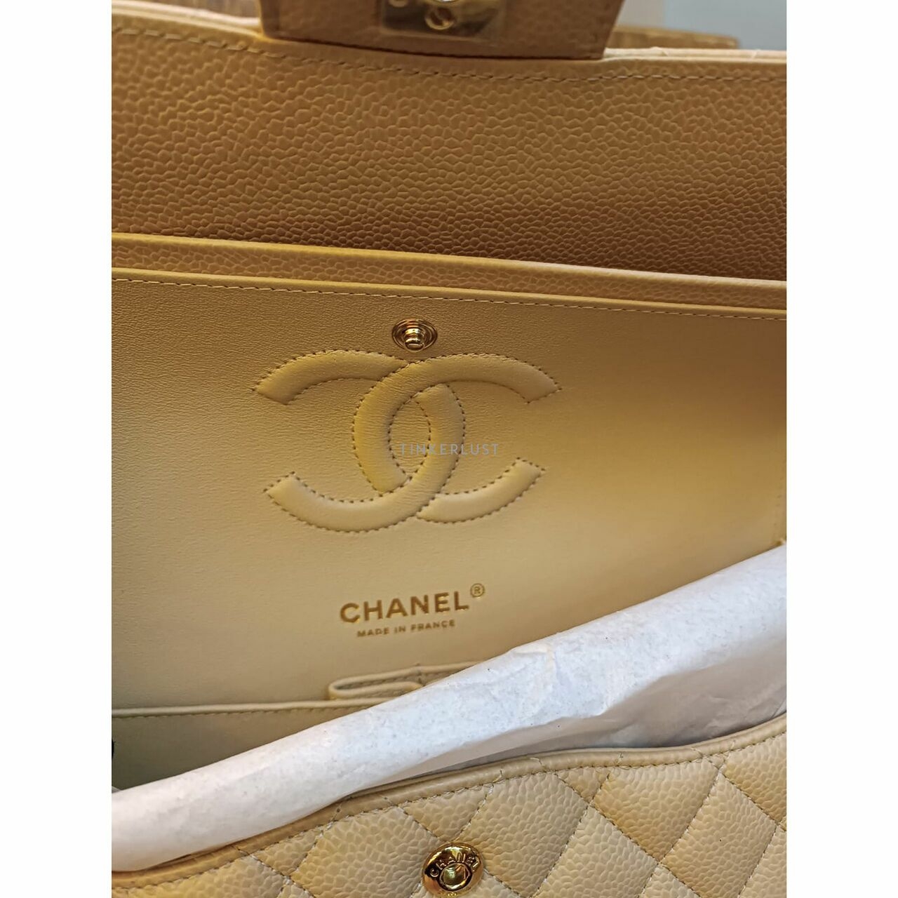 Chanel Classic Medum Beige Caviar Chip GHW Shoulder Bag