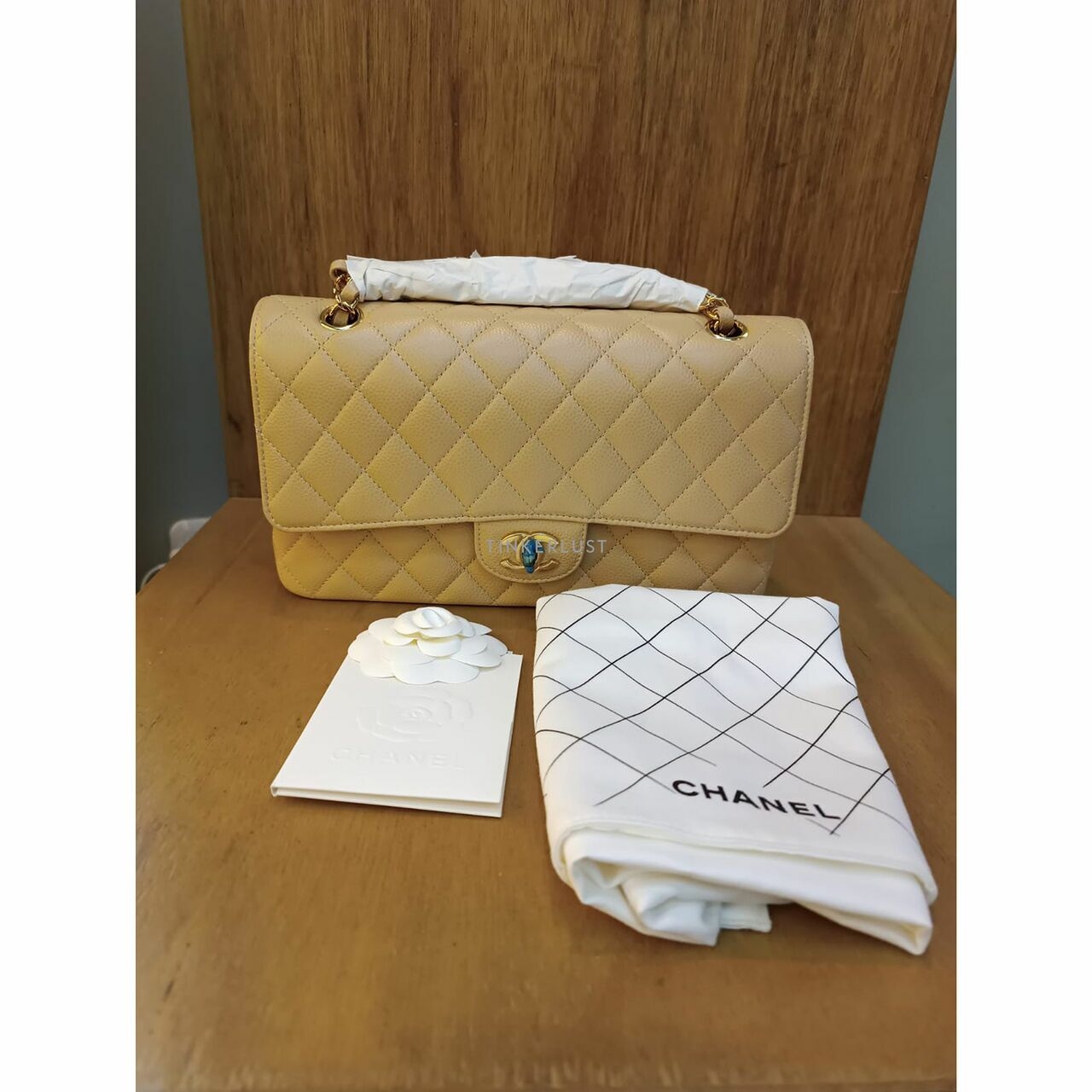 Chanel Classic Medum Beige Caviar Chip GHW Shoulder Bag