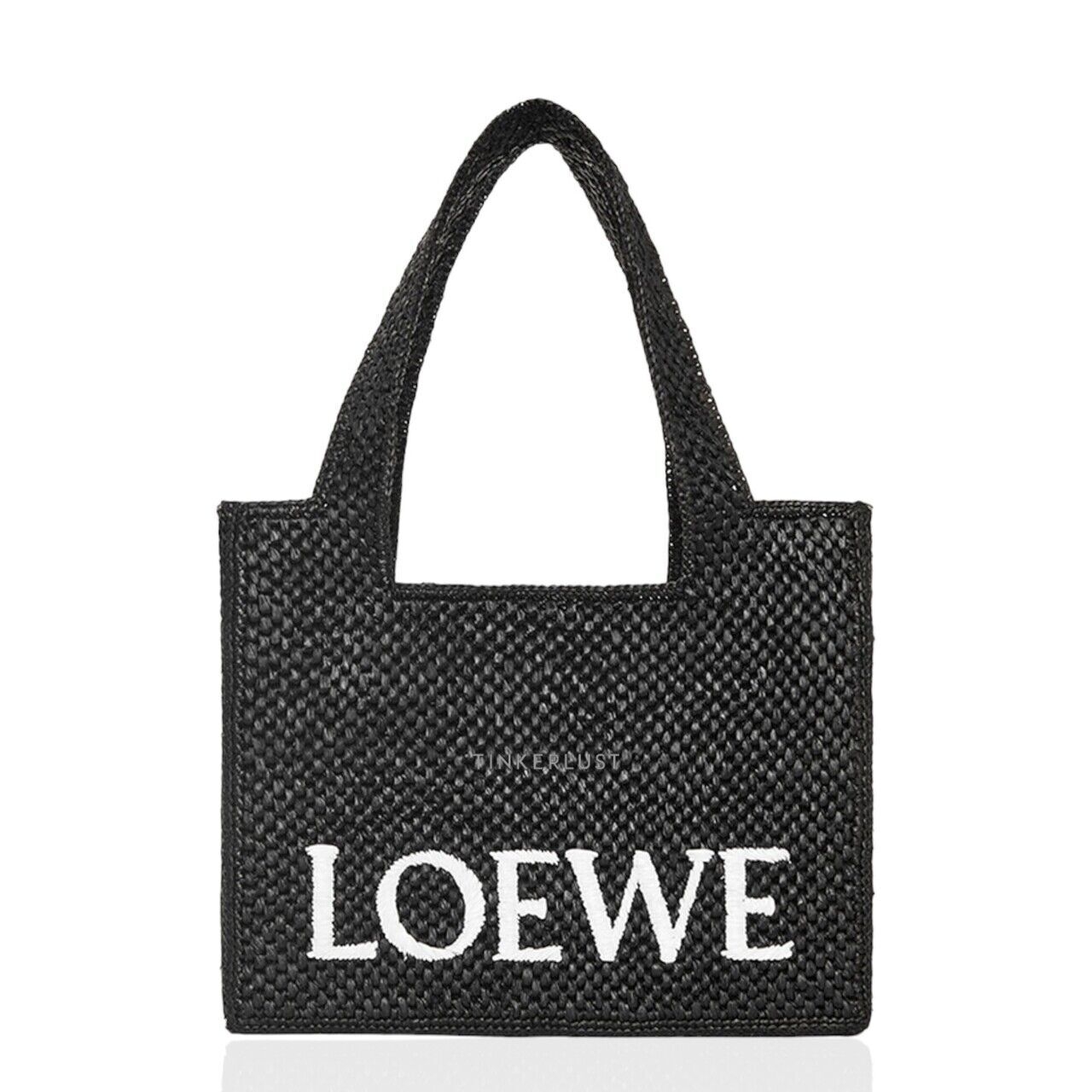 Loewe Medium Logo Font Tote Bag in Black Raffia with Adjustable Shoulder Strap Satchel Bag