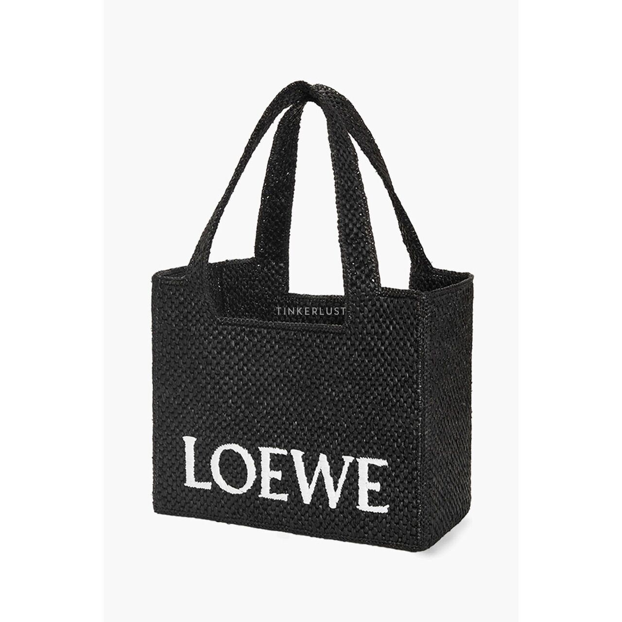 Loewe Medium Logo Font Tote Bag in Black Raffia with Adjustable Shoulder Strap Satchel Bag