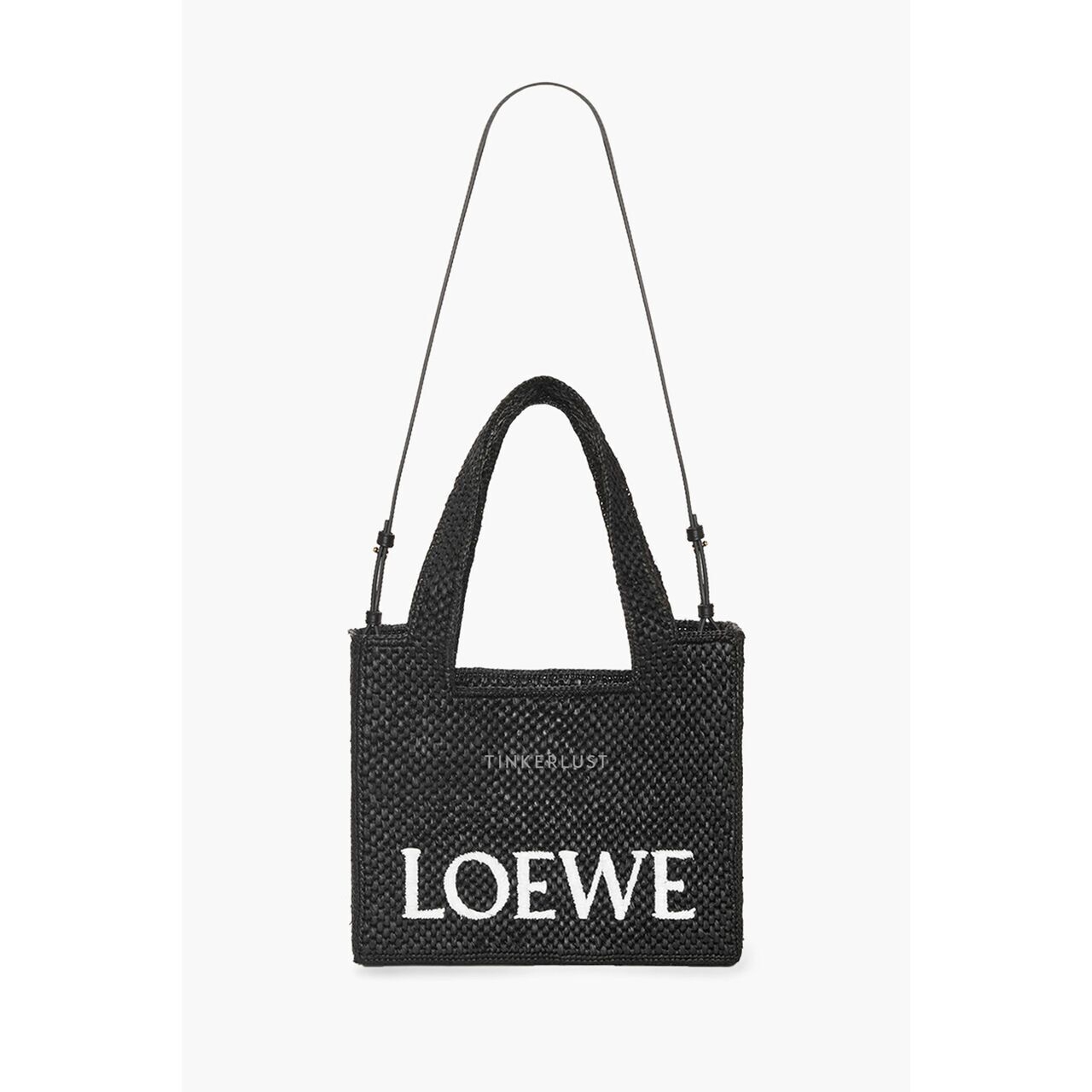 Loewe Medium Logo Font Tote Bag in Black Raffia with Adjustable Shoulder Strap Satchel Bag